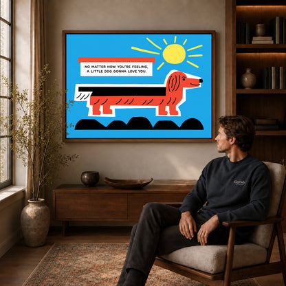 Walnut framed little dog love artwork above a seated man in a wood furnished living room.