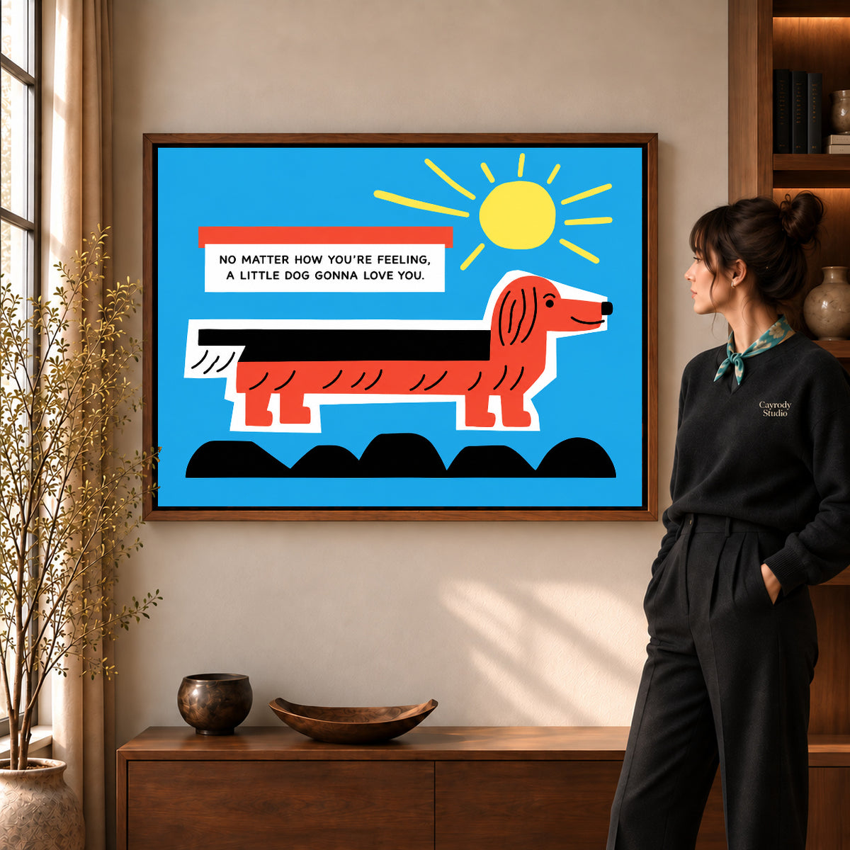 Walnut framed little dog love artwork scene assigned to all six walnut framed canvas sizes.