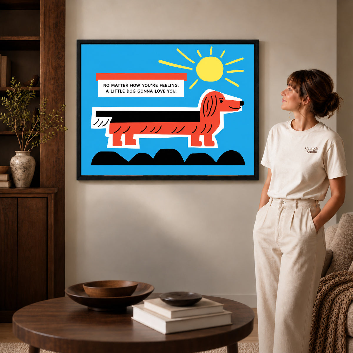 Black framed little dog love artwork scene assigned to all six black framed canvas sizes.