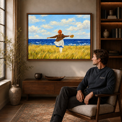 Walnut framed seaside freedom artwork above a seated man in a wood furnished living room.