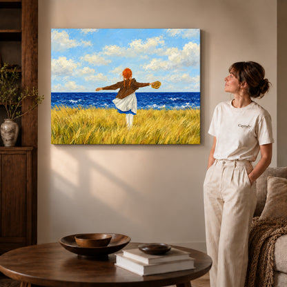 Gallery wrapped seaside freedom artwork with shaded canvas edges beside a woman wearing cream clothing.