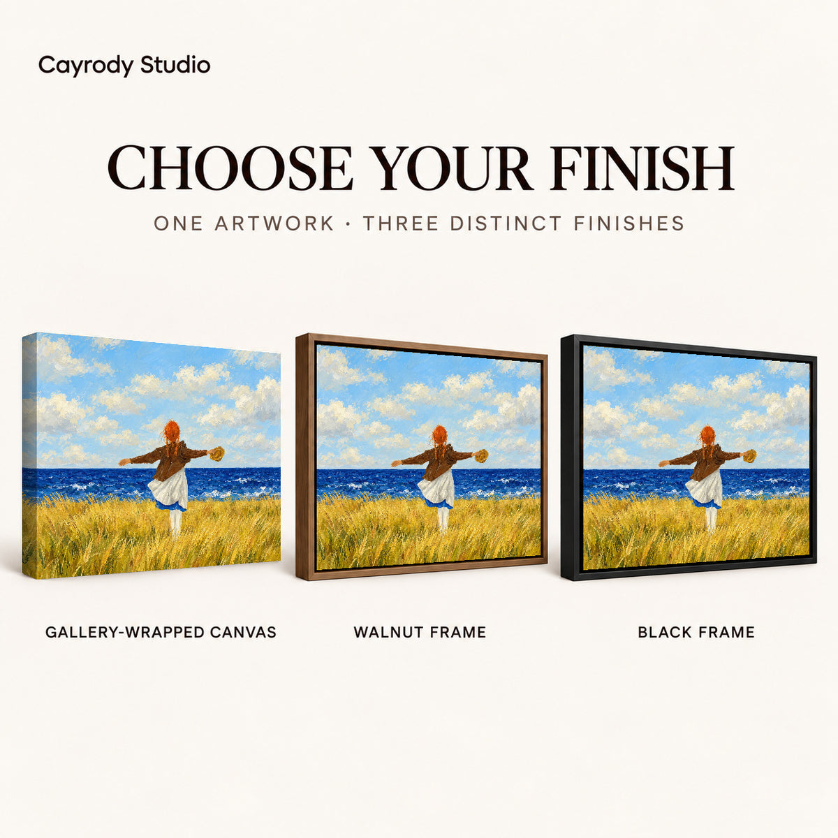 Seaside Freedom artwork finish chart showing gallery wrapped canvas, walnut frame, and black frame options.