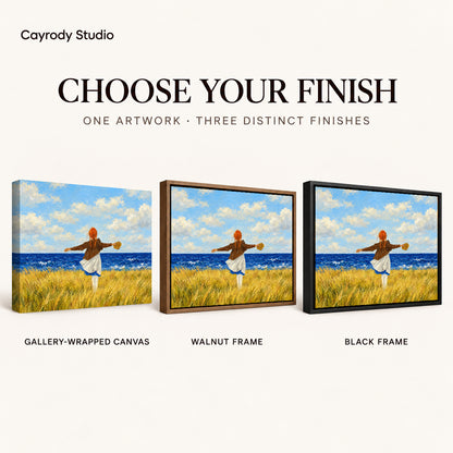 Seaside Freedom artwork finish chart showing gallery wrapped canvas, walnut frame, and black frame options.