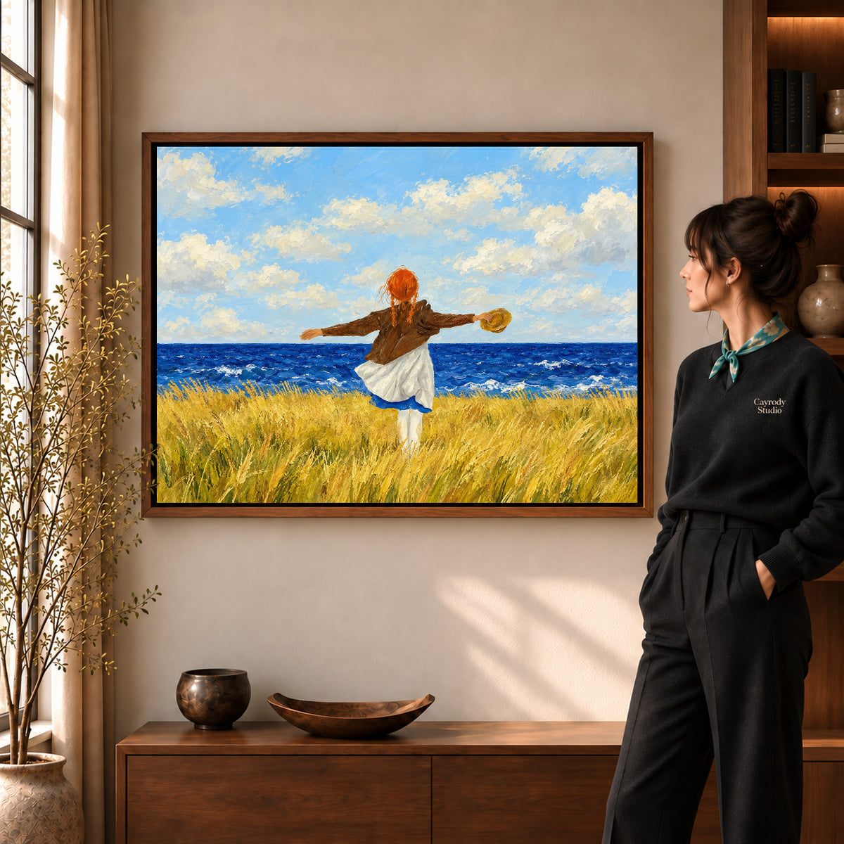 Walnut framed seaside freedom artwork scene assigned to all six walnut framed canvas sizes.