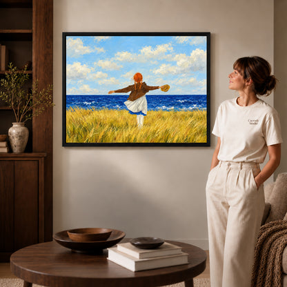 Black framed seaside freedom artwork scene assigned to all six black framed canvas sizes.