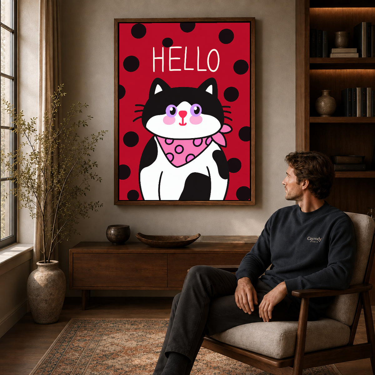 Walnut framed hello bandana cat artwork above a seated man in a wood furnished living room.