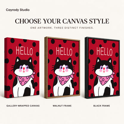 Hello Bandana Cat artwork finish chart showing gallery wrapped canvas, walnut frame, and black frame options.