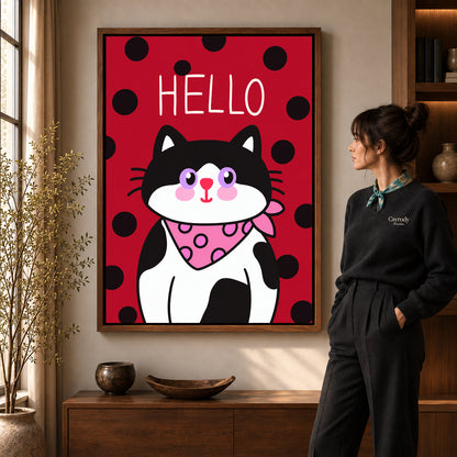 Walnut framed hello bandana cat artwork scene assigned to all six walnut framed canvas sizes.