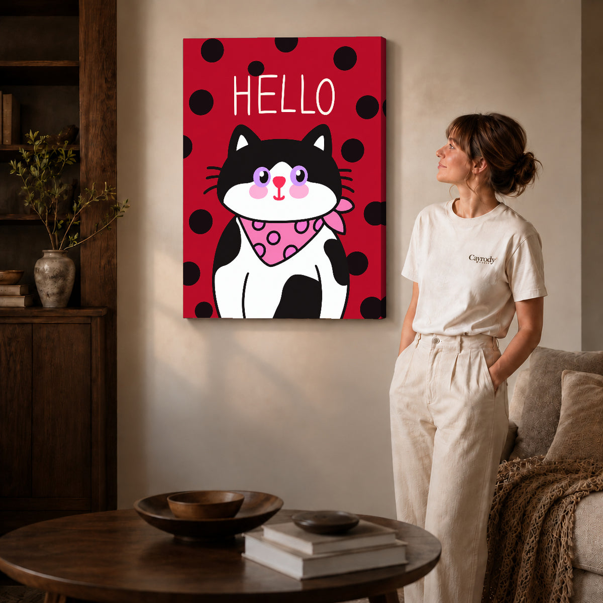 Gallery wrapped hello bandana cat artwork scene assigned to all six unframed wrapped canvas sizes.
