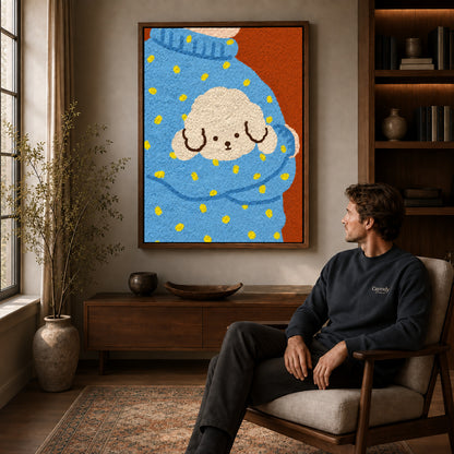 Walnut framed cozy puppy sweater artwork above a seated man in a wood furnished living room.