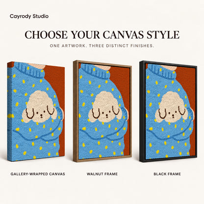 Cozy Puppy Sweater artwork finish chart showing gallery wrapped canvas, walnut frame, and black frame options.