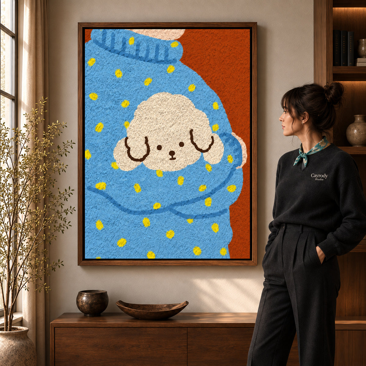 Walnut framed cozy puppy sweater artwork scene assigned to all six walnut framed canvas sizes.