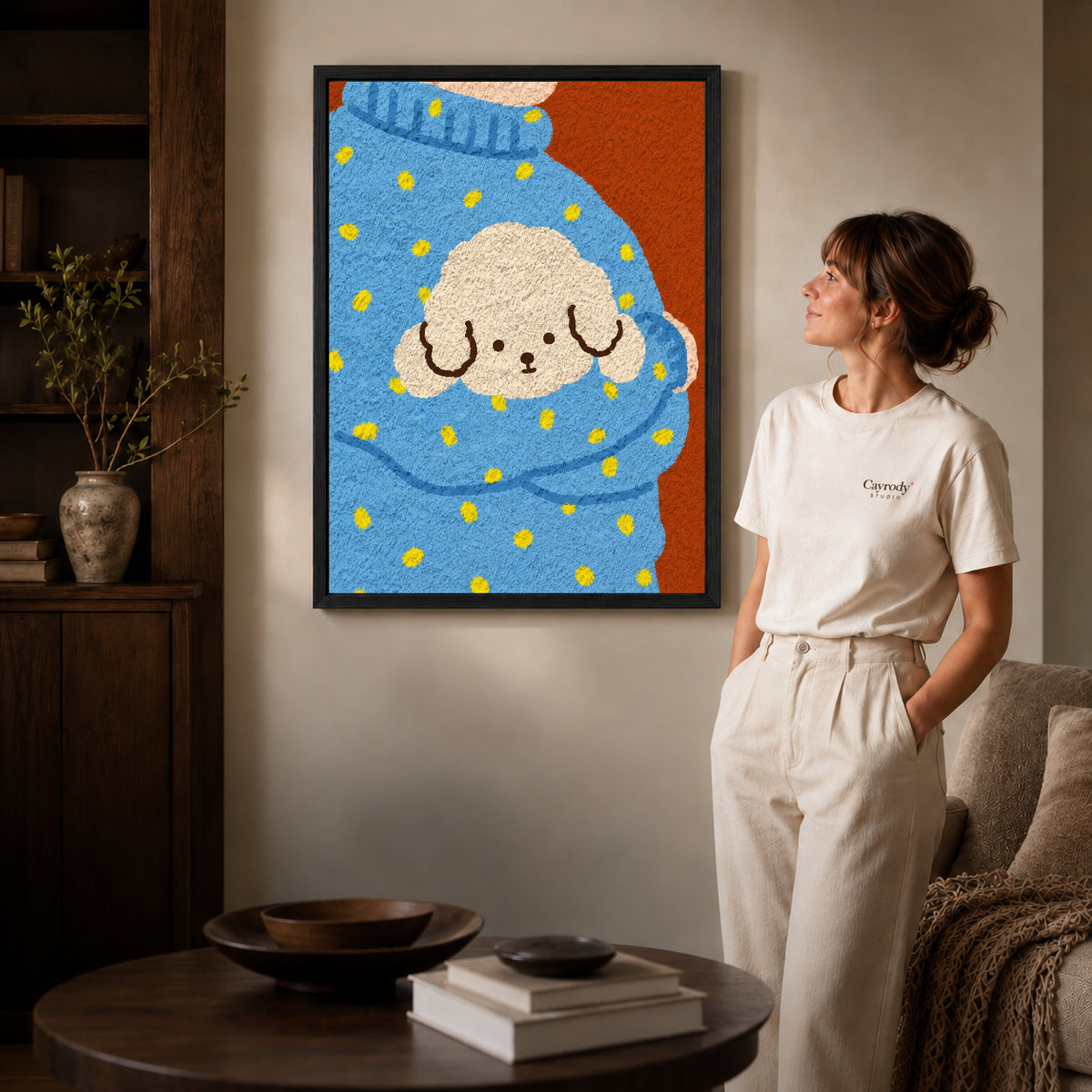 Black framed cozy puppy sweater artwork scene assigned to all six black framed canvas sizes.