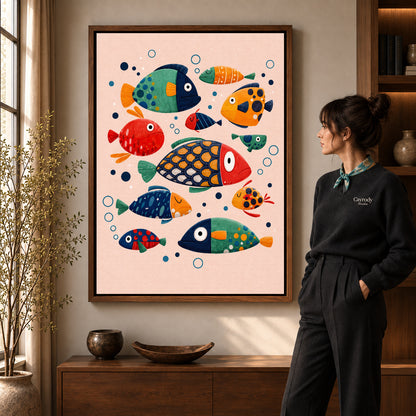 Colorful Folk Fish artwork in a walnut frame beside a standing woman in a warm room.