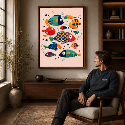 Walnut framed colorful folk fish artwork above a seated man in a wood furnished living room.