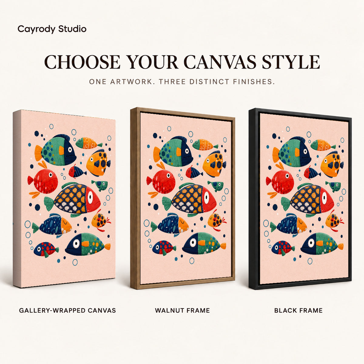 Colorful Folk Fish artwork finish chart showing gallery wrapped canvas, walnut frame, and black frame options.