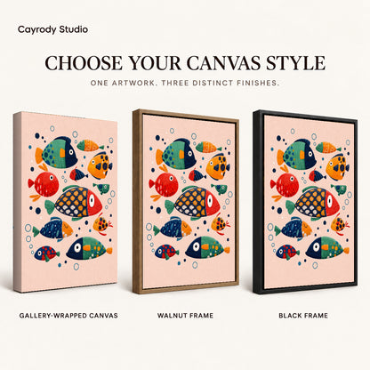 Colorful Folk Fish artwork finish chart showing gallery wrapped canvas, walnut frame, and black frame options.
