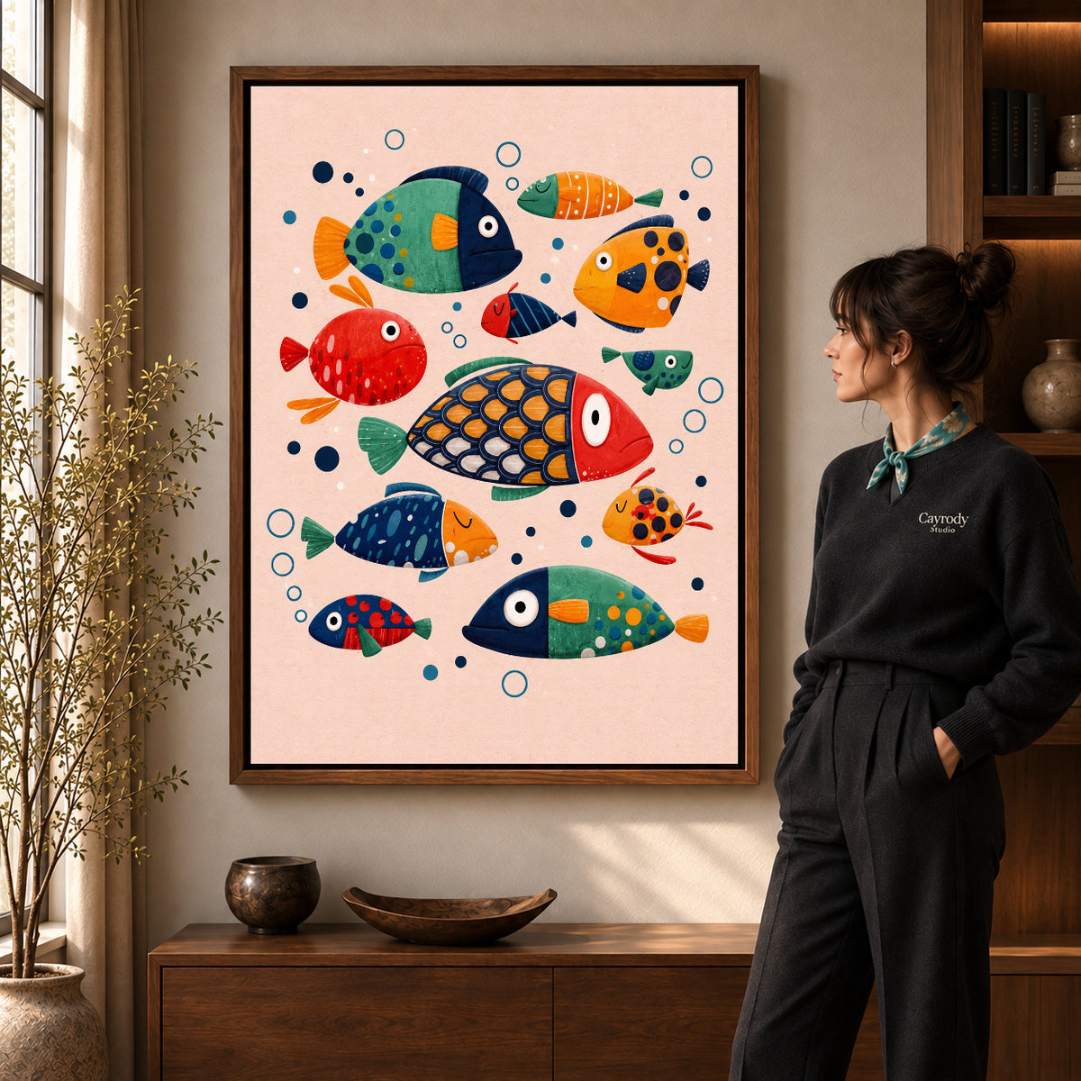 Walnut framed colorful folk fish artwork scene assigned to all six walnut framed canvas sizes.