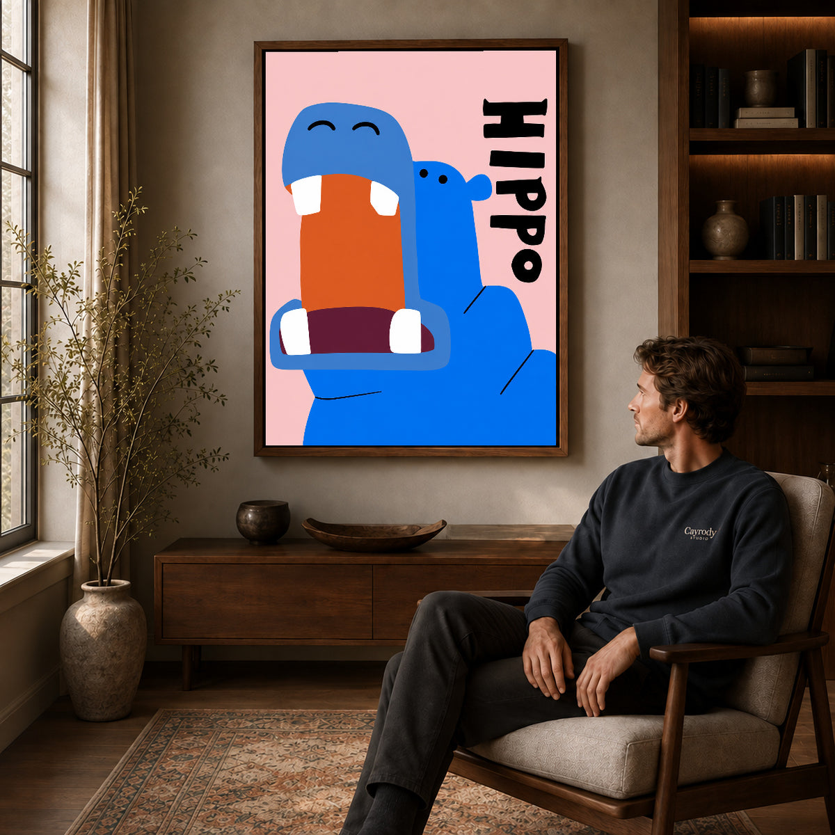 Walnut framed happy blue hippo artwork above a seated man in a wood furnished living room.