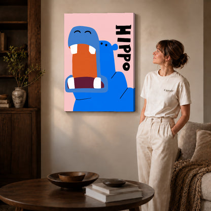 Gallery wrapped happy blue hippo artwork with shaded canvas edges beside a woman wearing cream clothing.