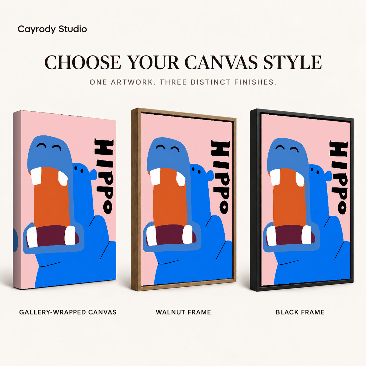 Happy Blue Hippo artwork finish chart showing gallery wrapped canvas, walnut frame, and black frame options.