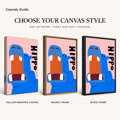 Happy Blue Hippo artwork finish chart showing gallery wrapped canvas, walnut frame, and black frame options.