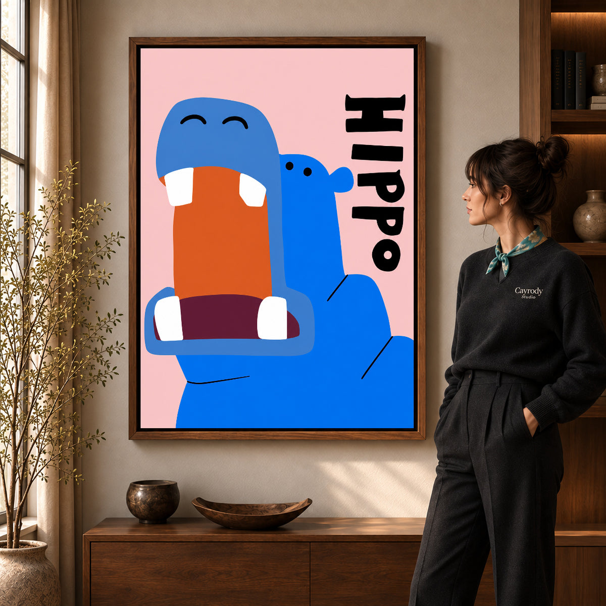 Walnut framed happy blue hippo artwork scene assigned to all six walnut framed canvas sizes.