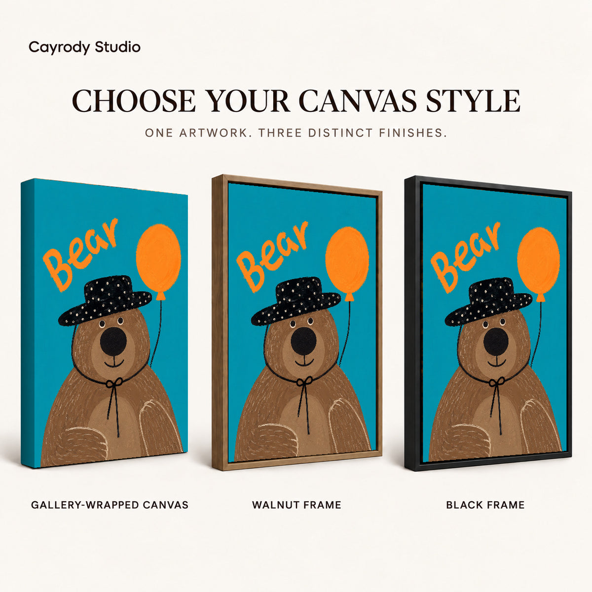 Balloon Bear Portrait artwork finish chart showing gallery wrapped canvas, walnut frame, and black frame options.