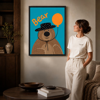 Black framed balloon bear portrait artwork scene assigned to all six black framed canvas sizes.