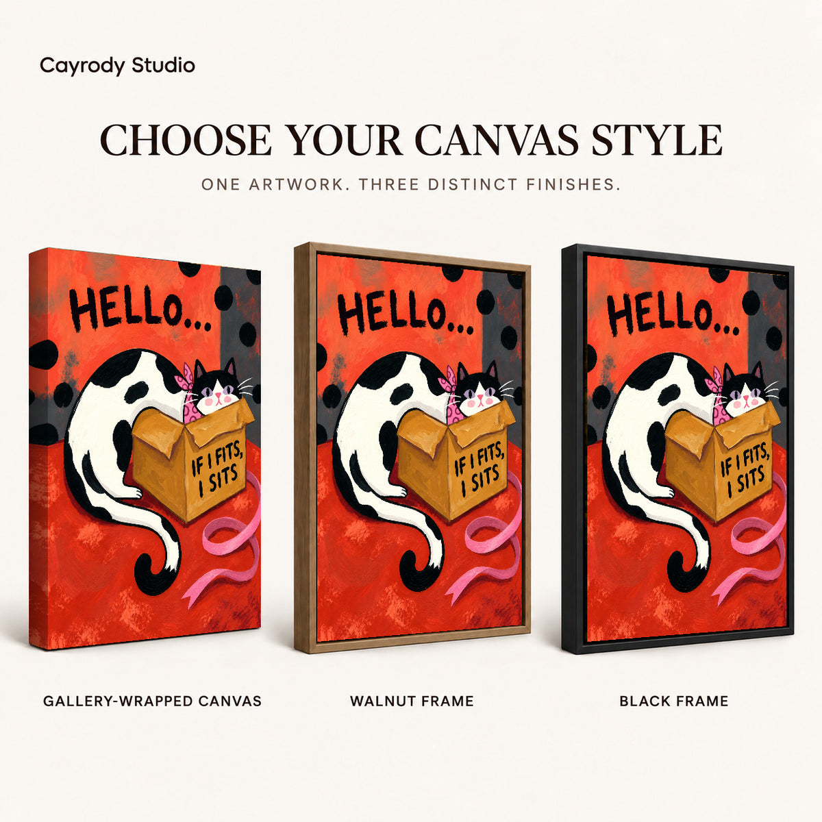 Cozy Cardboard Cat artwork finish chart showing gallery wrapped canvas, walnut frame, and black frame options.