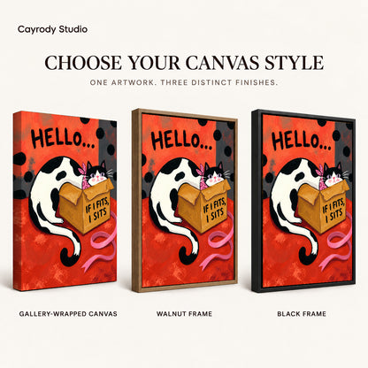 Cozy Cardboard Cat artwork finish chart showing gallery wrapped canvas, walnut frame, and black frame options.