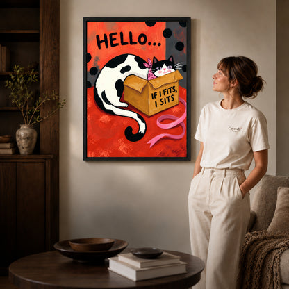 Black framed cozy cardboard cat artwork scene assigned to all six black framed canvas sizes.