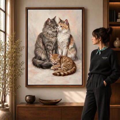 Gentle Cat Family artwork in a walnut frame beside a standing woman in a warm room.