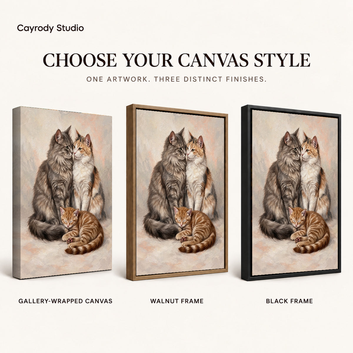 Gentle Cat Family artwork finish chart showing gallery wrapped canvas, walnut frame, and black frame options.