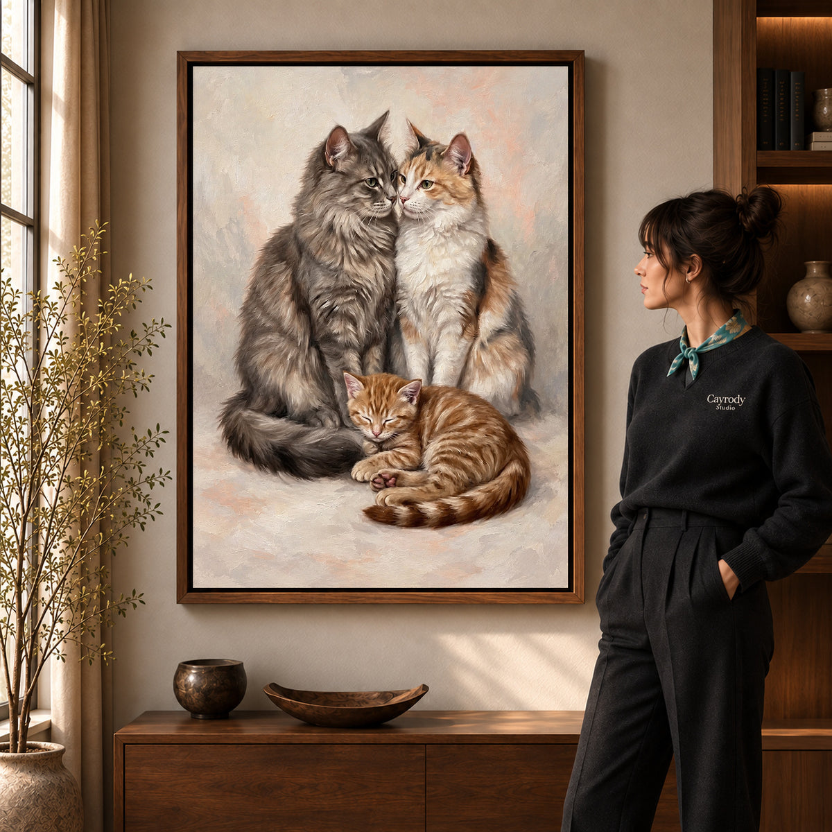 Walnut framed gentle cat family artwork scene assigned to all six walnut framed canvas sizes.