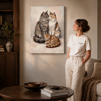 Gallery wrapped gentle cat family artwork scene assigned to all six unframed wrapped canvas sizes.