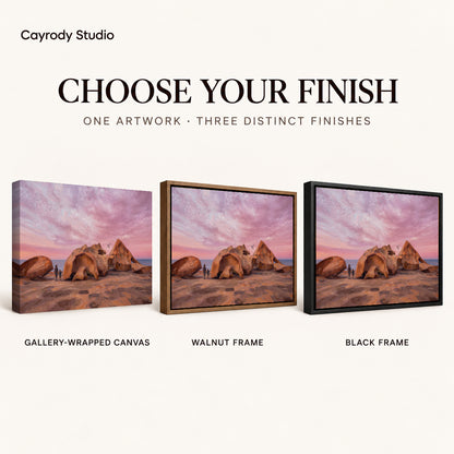 Coastal Rock Sunset artwork finish chart showing gallery wrapped canvas, walnut frame, and black frame options.