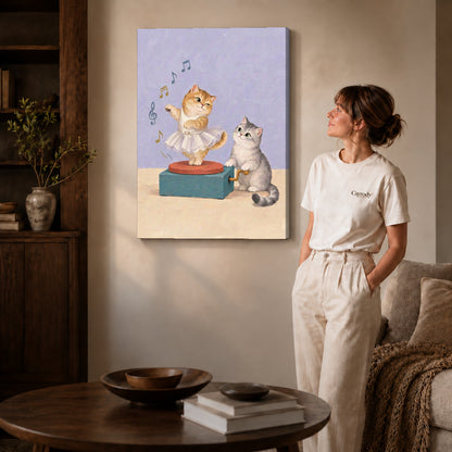 Gallery wrapped music box kittens artwork with shaded canvas edges beside a woman wearing cream clothing.