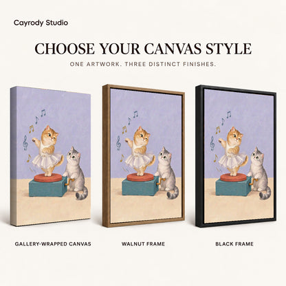 Music Box Kittens artwork finish chart showing gallery wrapped canvas, walnut frame, and black frame options.
