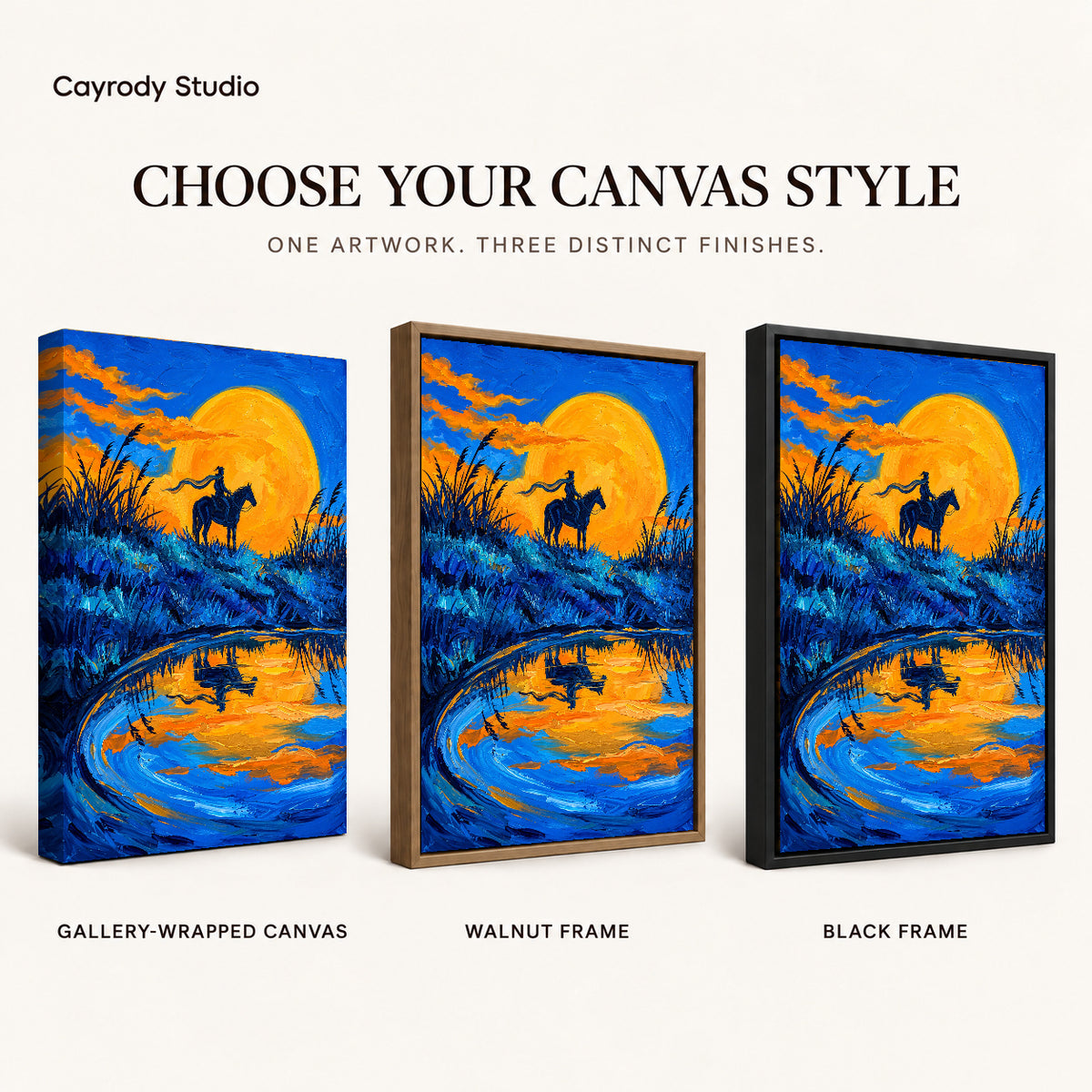 Golden Moon Rider artwork finish chart showing gallery wrapped canvas, walnut frame, and black frame options.