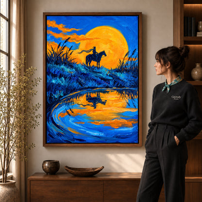 Walnut framed golden moon rider artwork scene assigned to all six walnut framed canvas sizes.