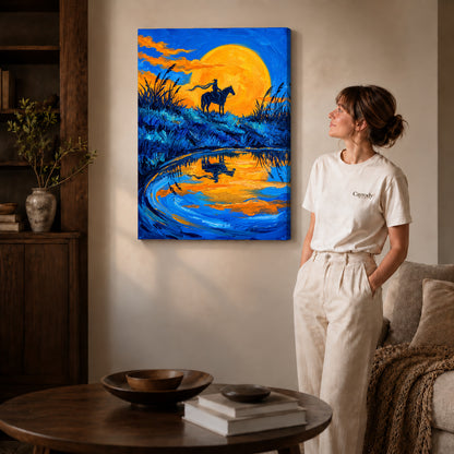 Gallery wrapped golden moon rider artwork scene assigned to all six unframed wrapped canvas sizes.