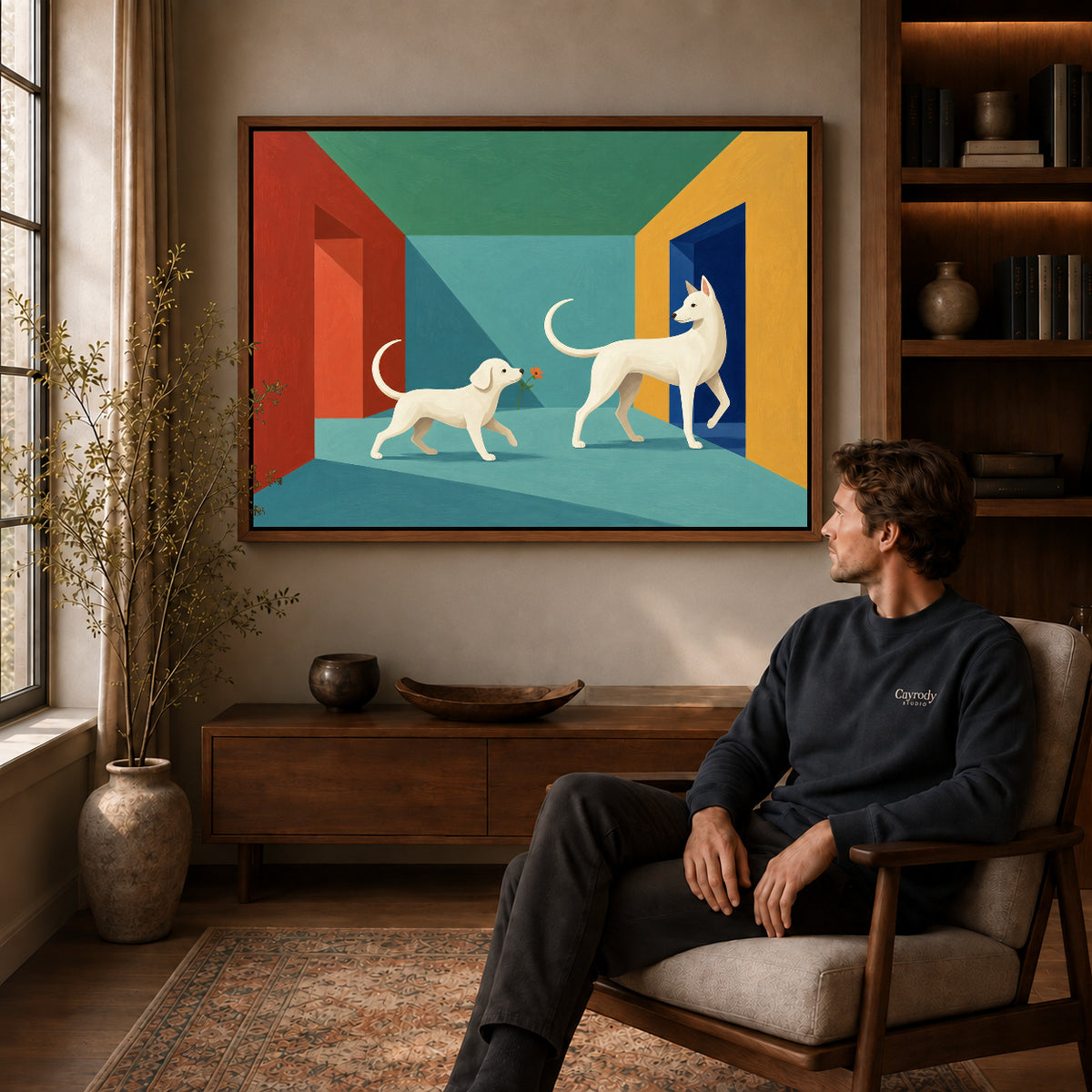 Walnut framed flower offering dogs artwork above a seated man in a wood furnished living room.