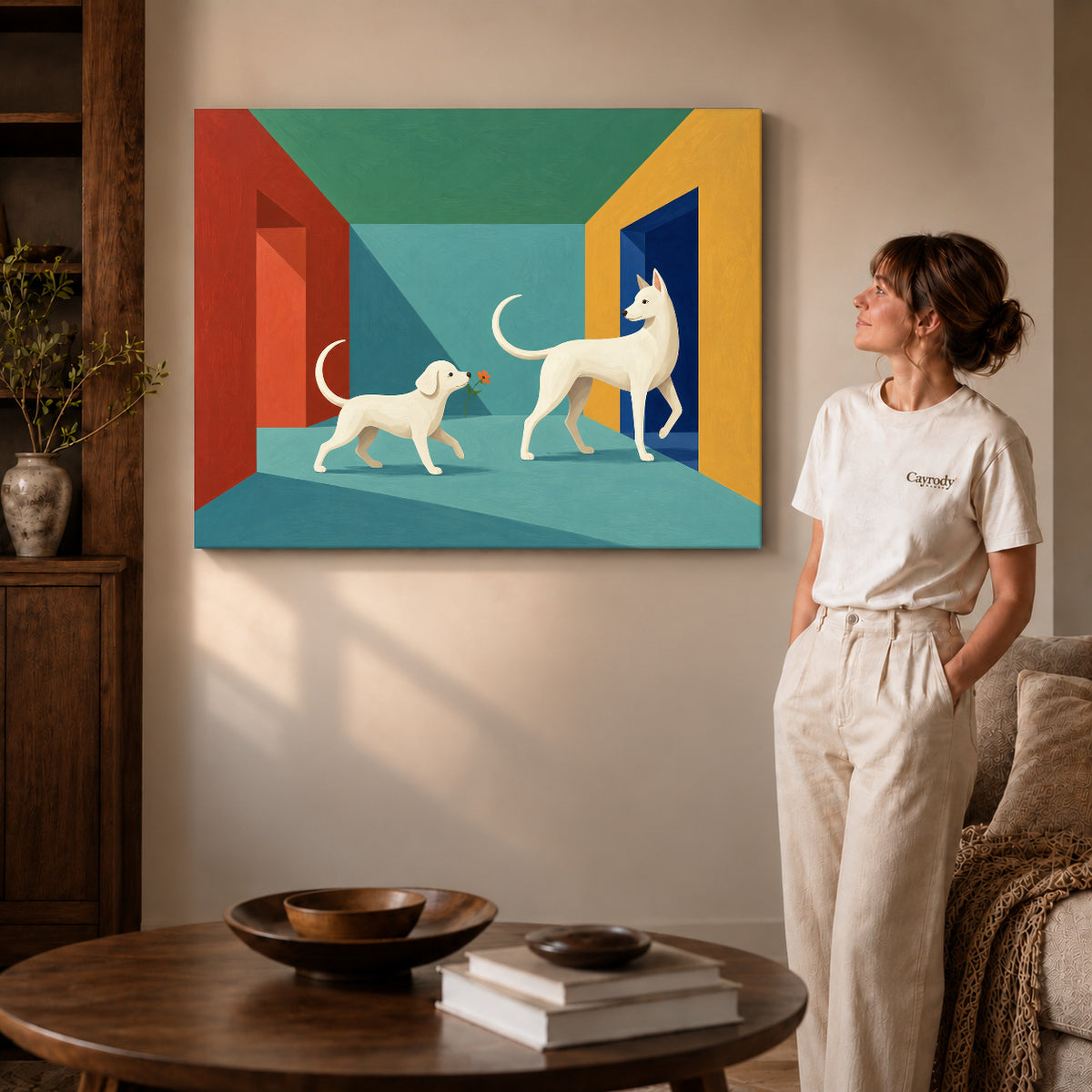 Gallery wrapped flower offering dogs artwork with shaded canvas edges beside a woman wearing cream clothing.