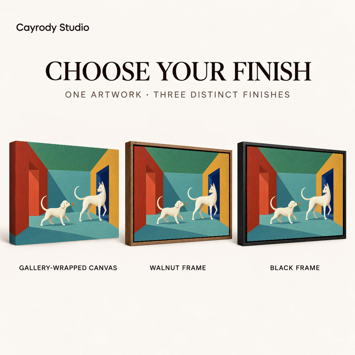 Flower Offering Dogs artwork finish chart showing gallery wrapped canvas, walnut frame, and black frame options.