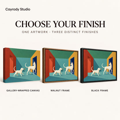 Flower Offering Dogs artwork finish chart showing gallery wrapped canvas, walnut frame, and black frame options.