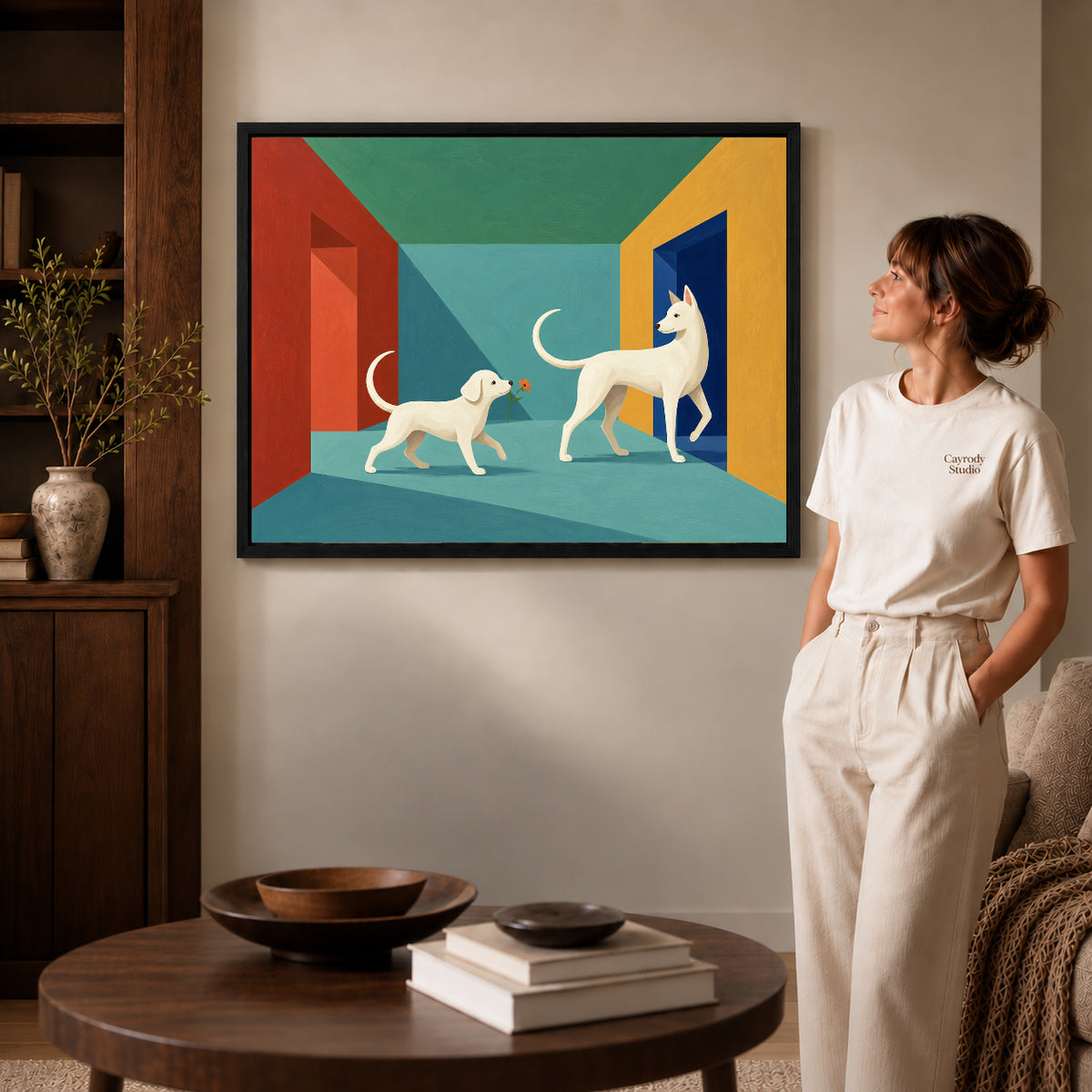 Black framed flower offering dogs artwork scene assigned to all six black framed canvas sizes.
