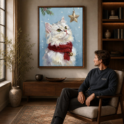 Walnut framed christmas star kitten artwork above a seated man in a wood furnished living room.