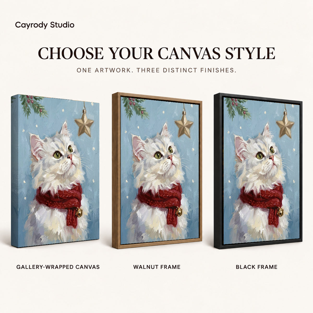Christmas Star Kitten artwork finish chart showing gallery wrapped canvas, walnut frame, and black frame options.