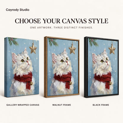 Christmas Star Kitten artwork finish chart showing gallery wrapped canvas, walnut frame, and black frame options.